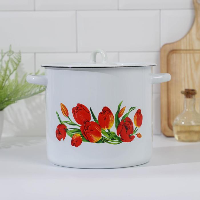 Кастрюля цилиндрическая 5,5 л "Тюльпаны", цвет белый
