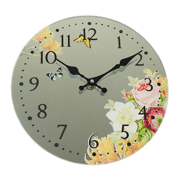 Часы настенные круг серия "Есения" Бабочки и цветы на зеркале d=30см