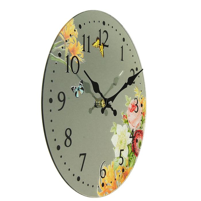 Часы настенные круг серия "Есения" Бабочки и цветы на зеркале d=30см