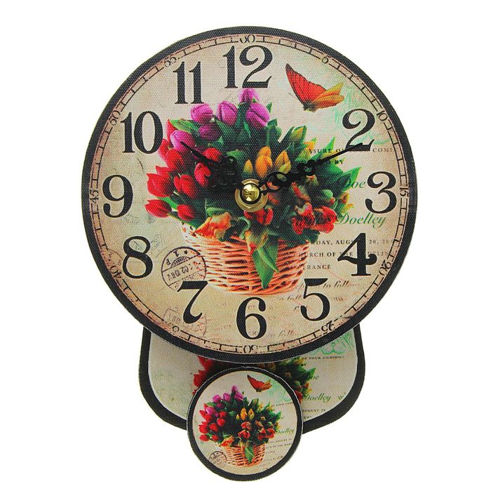 Часы настенные, серия Ретро с маятником «Тюльпаны в корзине», круглые, d=14 см
