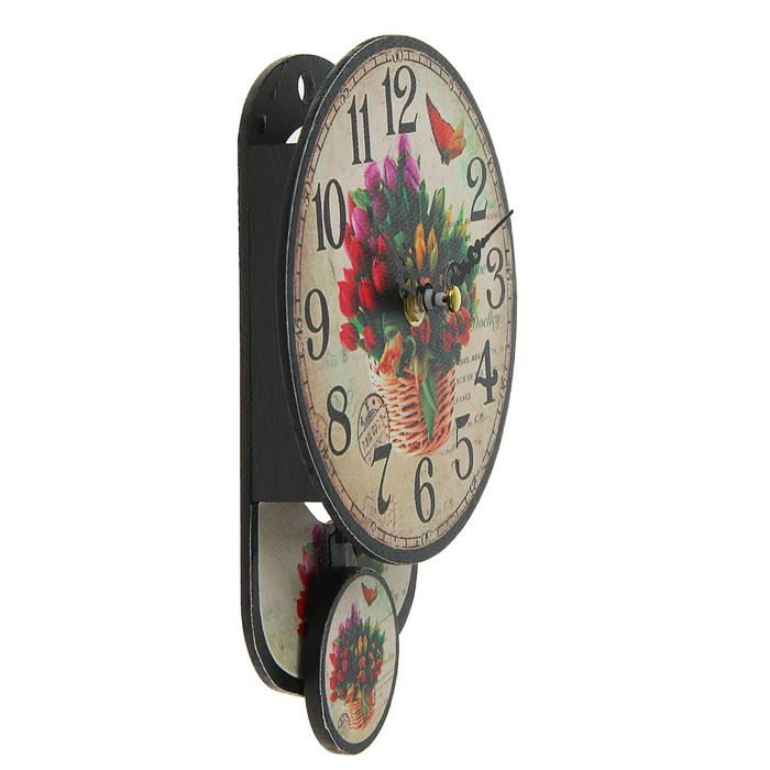 Часы настенные, серия Ретро с маятником «Тюльпаны в корзине», круглые, d=14 см
