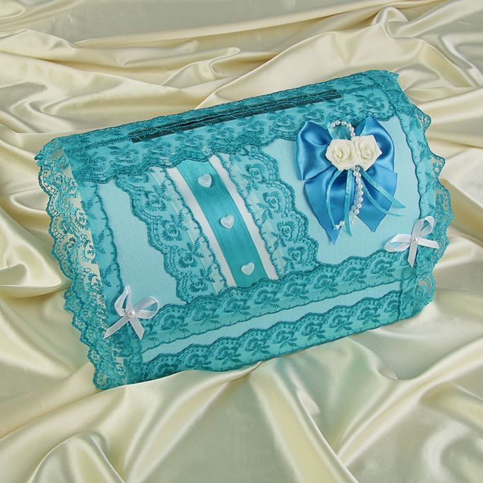 Коробка для денег «Семейный банк» с бирюзовым кружевом