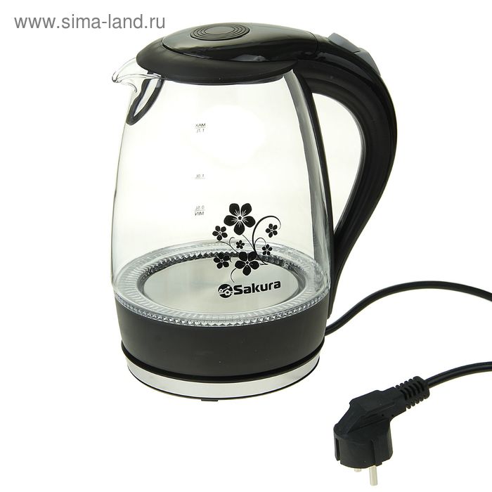 Чайник электрический Sakura SA-2710BK, стекло, 1.7 л, 1850-2200 Вт, подсветка, черный