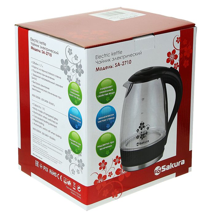 Чайник электрический Sakura SA-2710BK, 1850-2200 Вт, 1.7 л, стеклянный, подсветка