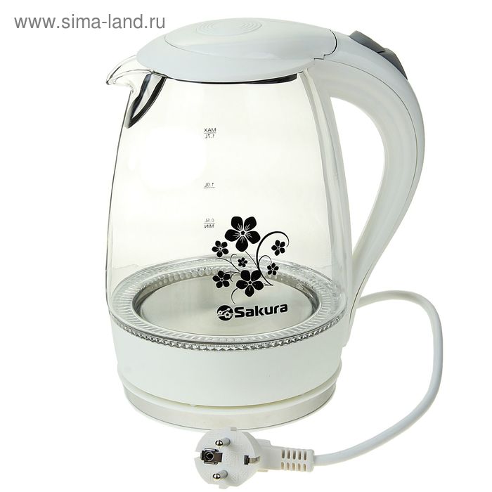 Чайник электрический Sakura SA-2710W, стекло, 1.7 л, 1850-2200 Вт, подсветка, белый