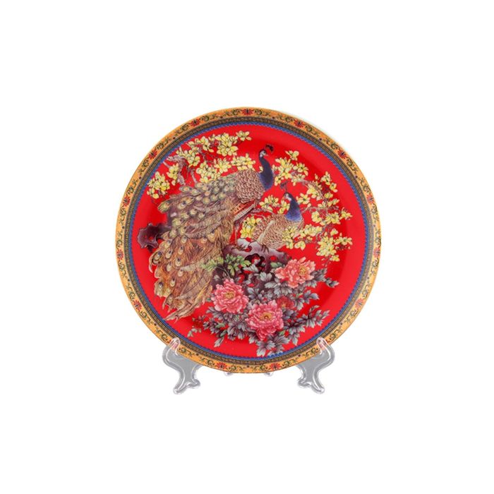 Тарелка декоративная "Павлин на красном", 18 см.