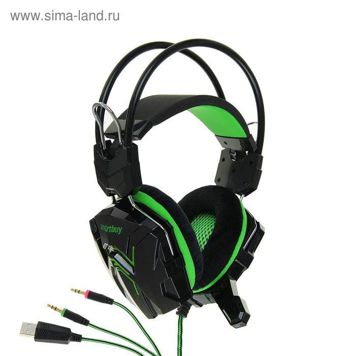 фото Наушники smartbuy rush snake, игровые, микрофон, 3.5 мм + usb, 2.2 м, чёрно-зеленые