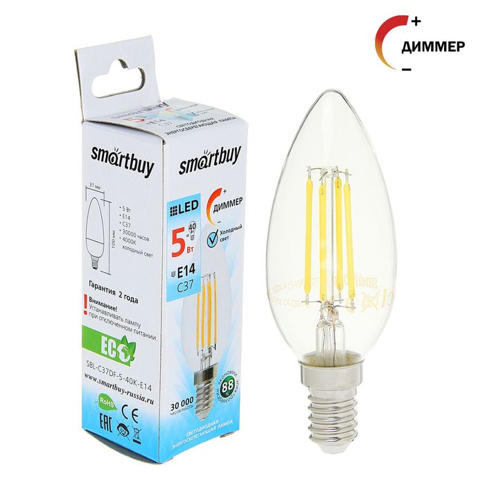 Лампа cветодиодная диммируемая Smartbuy Fil, C37, 5 Вт, E14, 4000 К, холодный белый