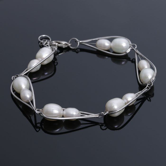 Браслет ручная работа "Жемчуг речной" капелька, нейзильбер, цвет белый