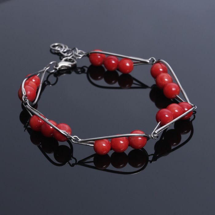 Браслет ручная работа "Коралл" капелька, нейзильбер