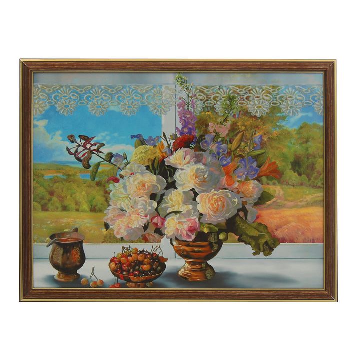 Картина "Букет с черешней на окне" рама микс