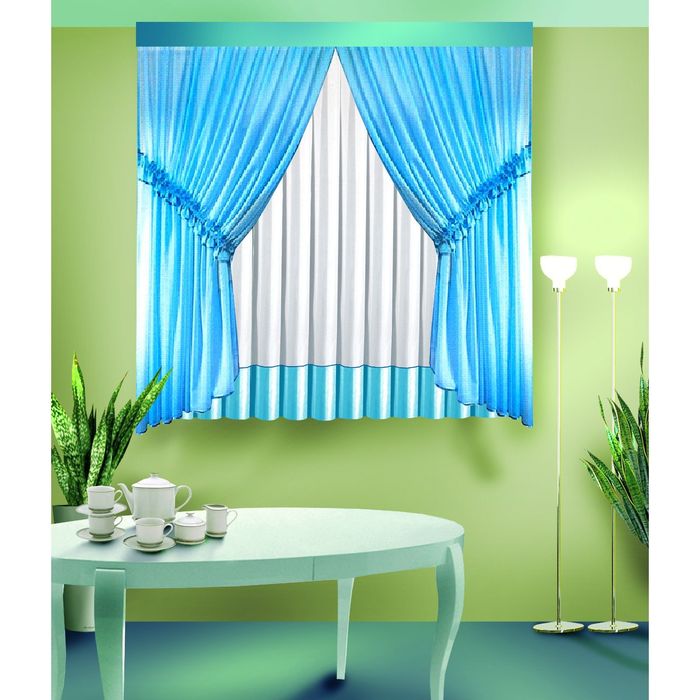Шторы кухонные, размер 140х180 см-2 шт, тюль 180х270 см, голубой