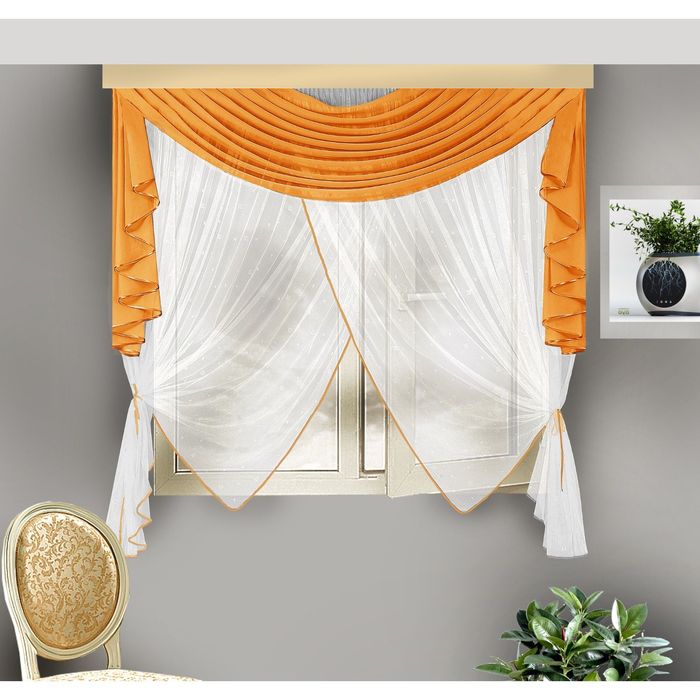 Шторы кухонные, размер 175х170 см, ламбрекен 70х170 см, оранжевый