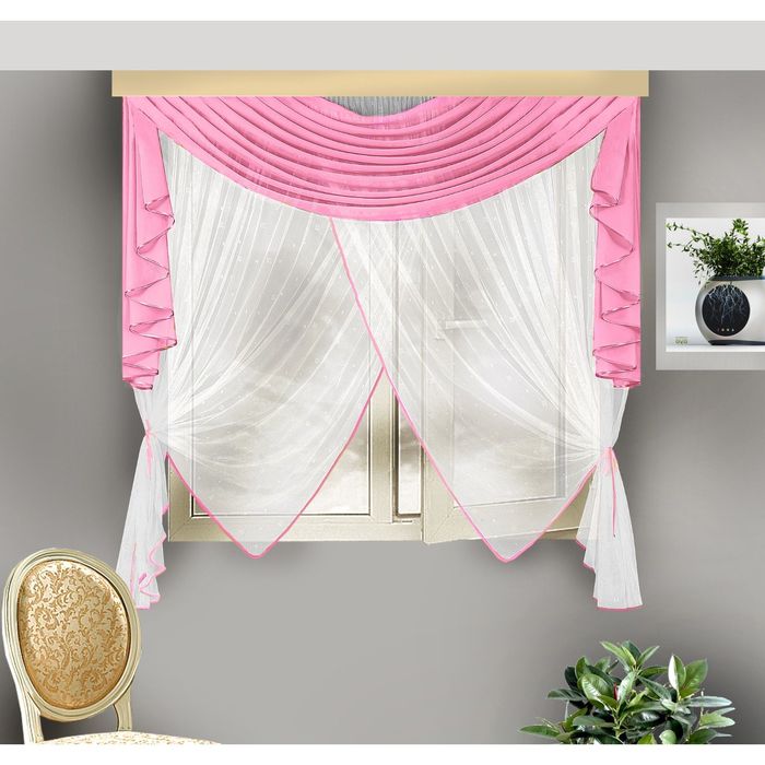 Шторы кухонные, размер 175х170 см, ламбрекен 70х170 см, розовый