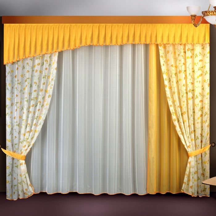 Комплект штор с подхватами Б121: тюль ш 280 х в 250 см, портьеры ш 140 х 250 см - 3 шт, ламбрекен ш 300 х в 50 см, жёлтый, белый