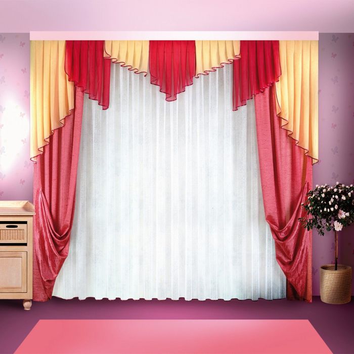 Комплект штор Н031, тюль ш 500 х в 250 см, шторы ш 140 х в 250 см - 2 шт, ламбрекен ш 50 х 300 см, красный, корраловый, кремовый, белый