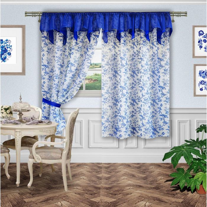 Комплект штор, размер 140х180 см-2 шт, ламбрекен 50х300 см, 2 подхвата, гжель
