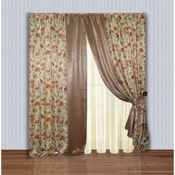 Комплект штор, размер 200х250 см-2 шт, тюль 250х400 см, 2подхвата, цвет шампань 209991