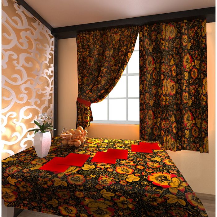 Комплект, шторы 150х150 см-2 шт, скатерть 140х180 см, салфетки 40х40 см-6 шт