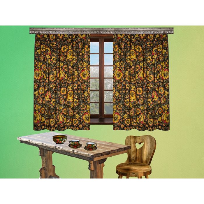 Шторы кухонные "Хохлома", размер 150х150 см-2 шт, 2 подхвата