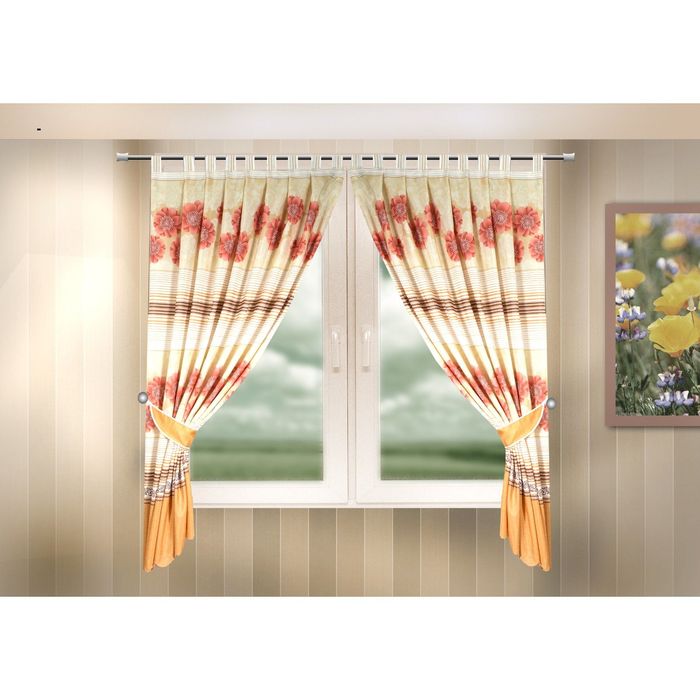Комплект штор с подхватами 333319: шторы ш 140 х в 170 см - 2 шт, бежевый, жёлтый, оранжевый