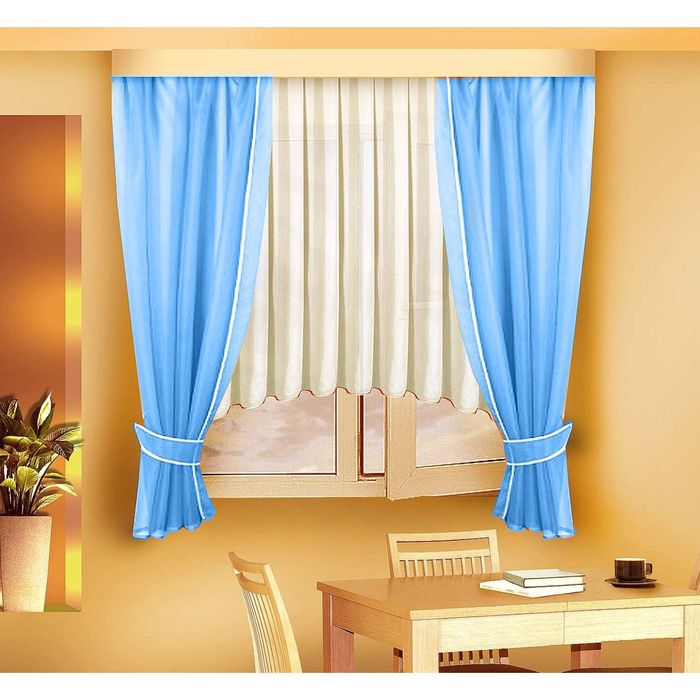 Комплект штор с подхватами Б0010 Kornelia: ш 280 х в 140 см, ш 140 х в 170 см - 2 шт, голубой, кремовый