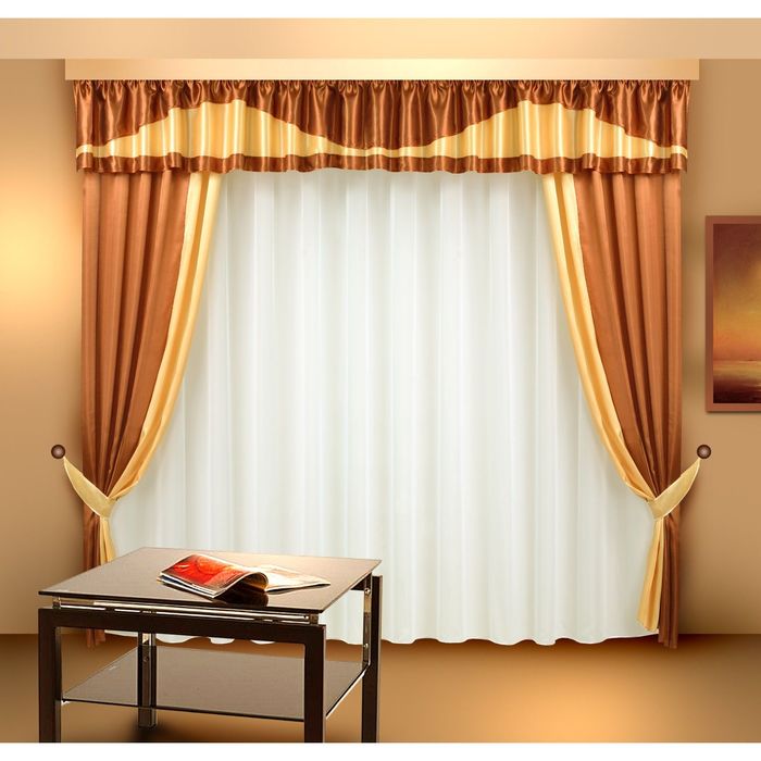 Комплект штор, размер 150х250 см-2 шт, тюль 500х250 см, цвет шоколад