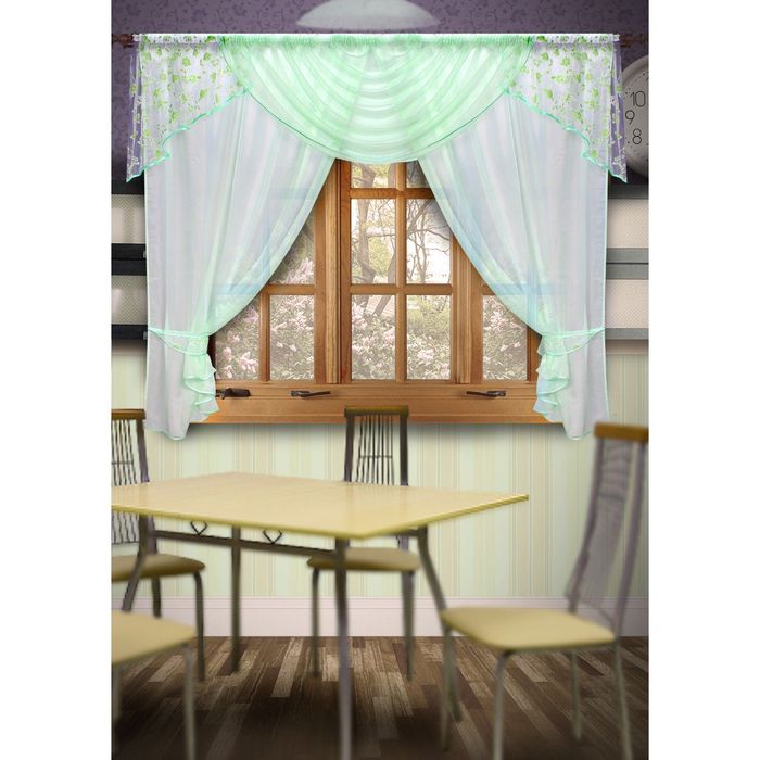 Комплект штор с подхватами 020Б "Мадагаскар": шторы ш 140 х в 170 см - 2 шт, ламбрекен ш 300 х в 50 см, салатовый