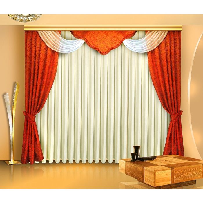 Комплект штор, 140х250-2 шт, тюль 500х250 см, ламбрекен 45х145 см, цвет оранжевый 2100