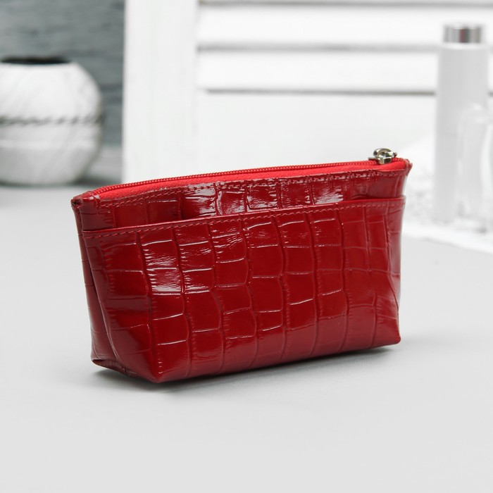 Косметичка простая на молнии, 1 отдел, крокодил, цвет красный