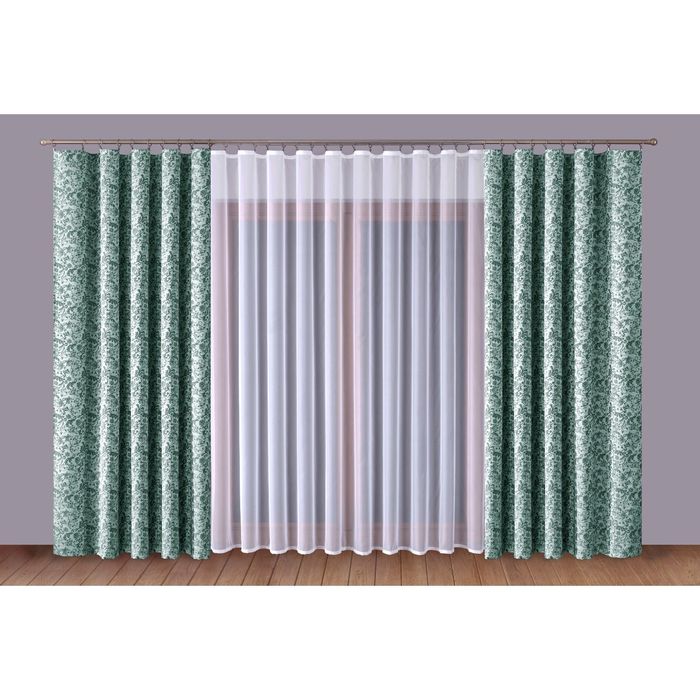 Комплект штор 1110046: тюль ш 400 х в 280 см, портьеры ш 180 x 280 см - 2 шт, зелёно-белый