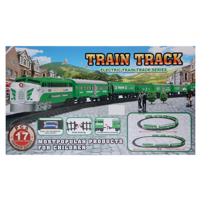 Железная дорога "Товарный поезд", с 2-я прицепными вагонами, работает от батареек, свет и звук