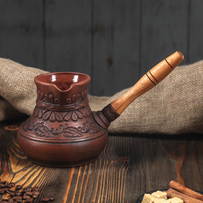 Турка большая "Народная", глазурованная, деревянная ручка, 0,7 л
