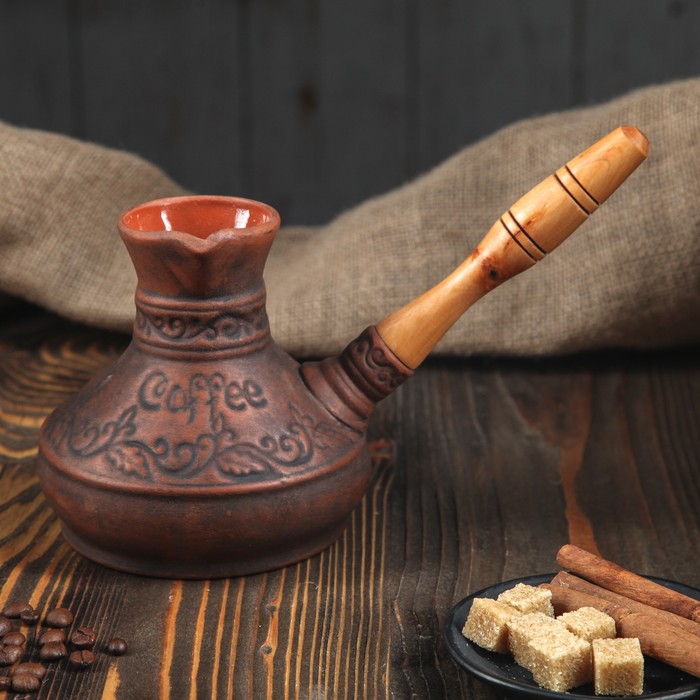 Турка средняя "Народная", глазурованная, деревянная ручка, 0,5 л, деревянная ручка