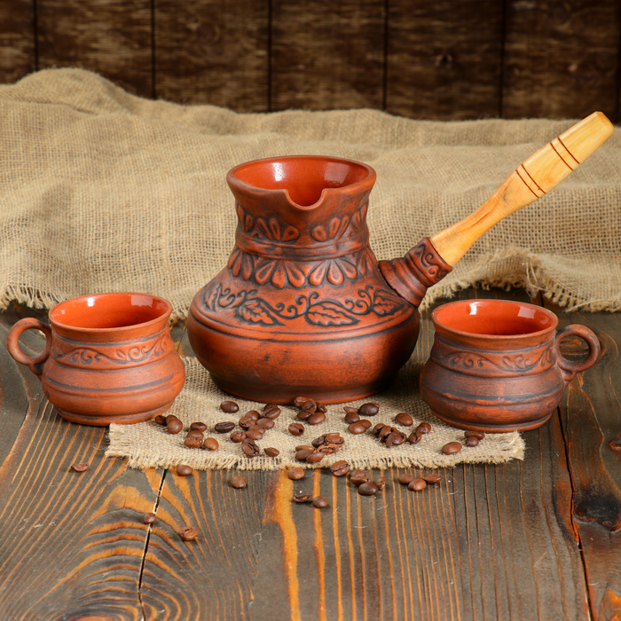 Кофейный набор "Народный", турка 0,7 л, 2 чашки, деревянная ручка