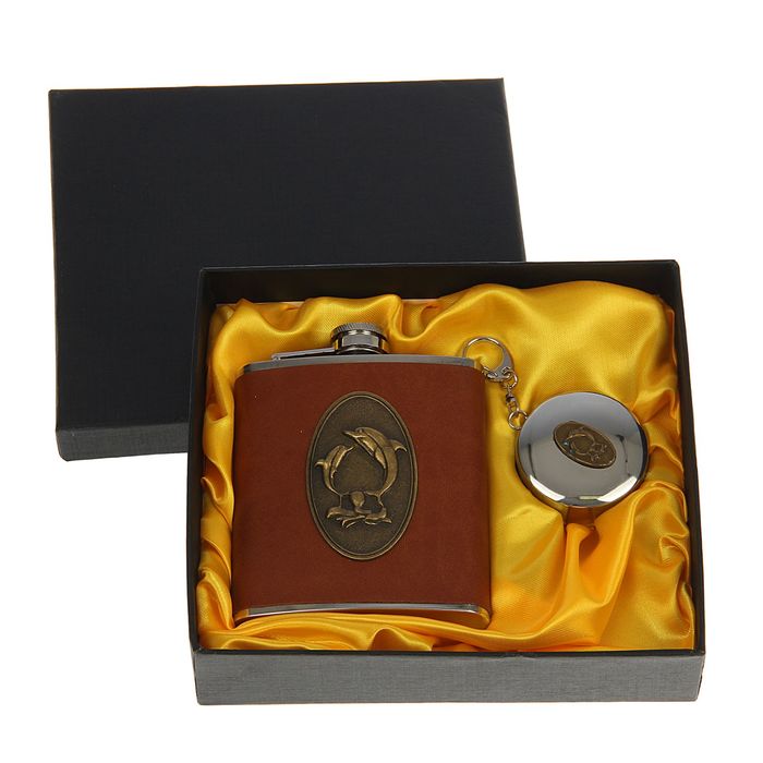 Подарочный набор 2 в 1 "Дельфин", коричневый: фляжка 210 мл + стакан складной d=5 см