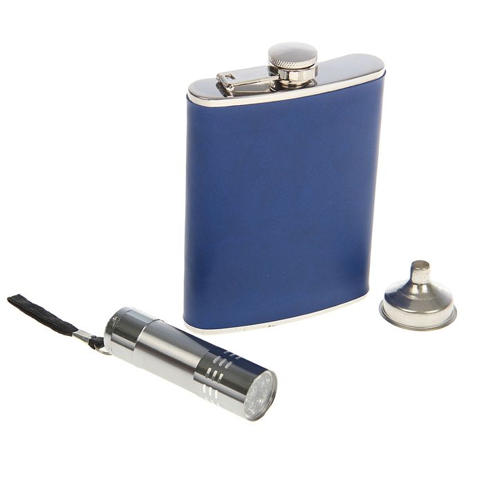 Набор 3 в 1: фляжка 240 мл + воронка + фонарик, синий, 15х17 см