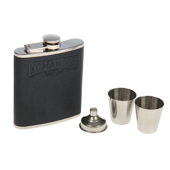 Подарочный набор 4 в 1 "Командор", серый: фляжка 210 мл + воронка и 2 рюмки