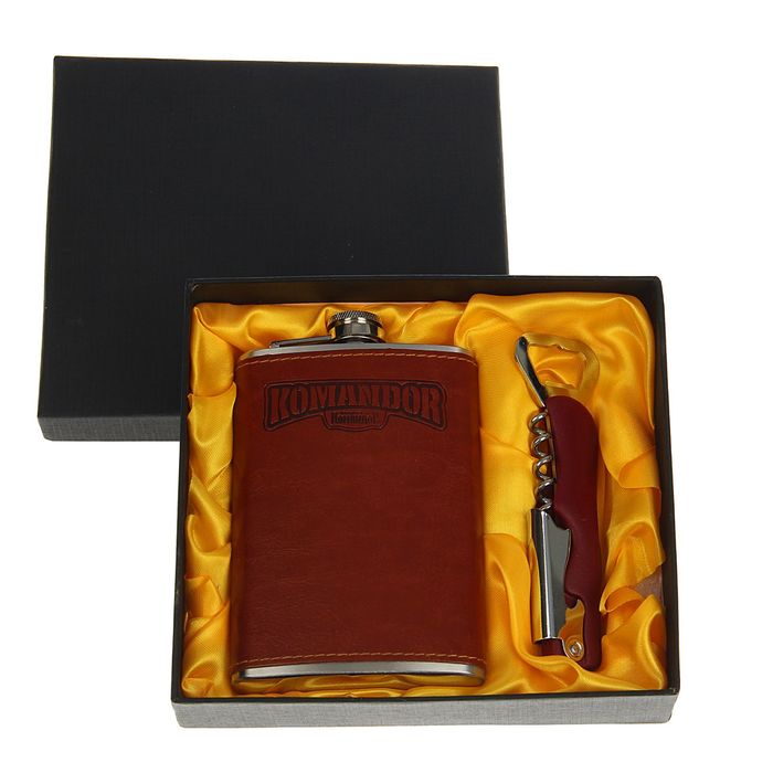 Подарочный набор 2 в 1 "Командор", коричневый: фляжка 240 мл + нож-открывалка
