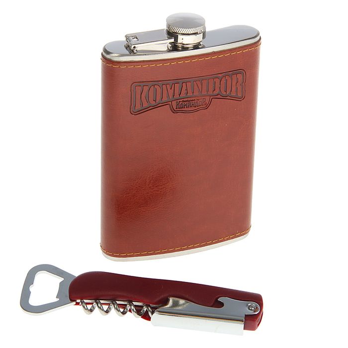 Подарочный набор 2 в 1 "Командор", коричневый: фляжка 240 мл + нож-открывалка