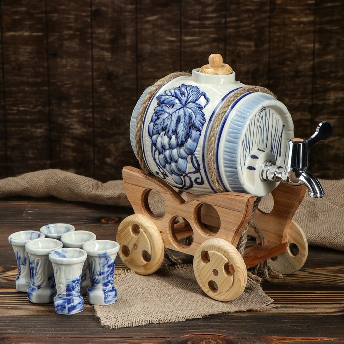 Бочка для вина "Гжель", 6 рюмок, 3 л