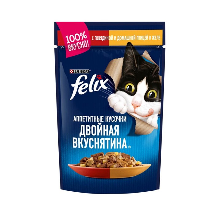 

Влажный корм FELIX "Двойной вкус" для кошек, говядина/птица, пауч 85 г