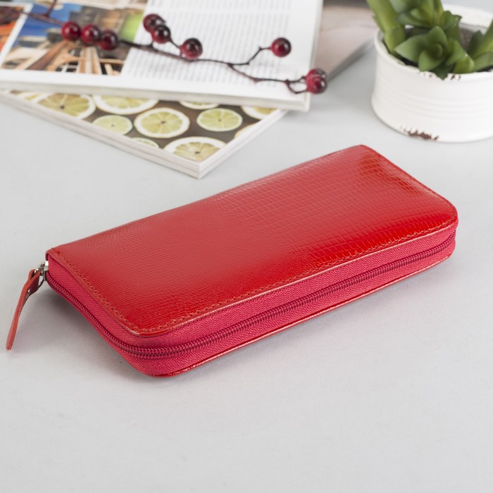 Кошелёк женский, 3 отдела, на молнии, ящер, цвет красный