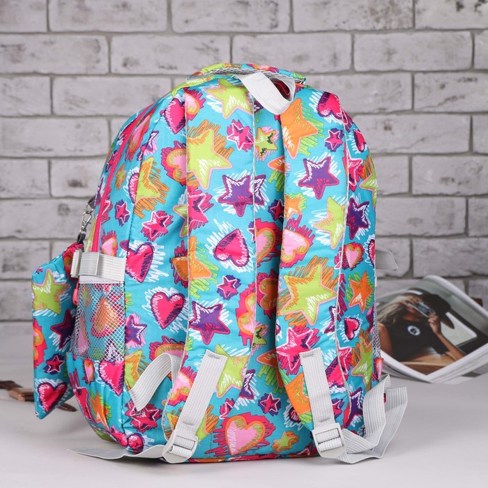 Рюкзак подр Звезды 30*19*45 отдел на молнии 3 нар кармана 2 бок сетки с пеналом бирюза