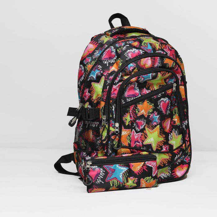 Рюкзак подр Звезды 30*19*45 отдел на молнии 3 нар кармана 2 бок сетки с пеналом черный