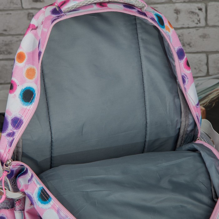 Рюкзак подр Круги 30*19*45 отдел на молнии 3 нар кармана 2 бок сетки с пеналом розовый