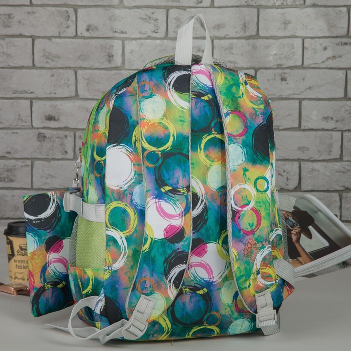 Рюкзак подр Круги 30*19*45 отдел на молнии 2 нар кармана 2 бок сетки с пеналом зелёный