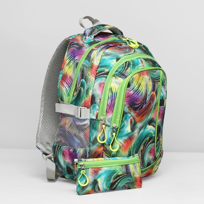 Рюкзак подр Фэнтэзи, 30*19*45 отдел на молнии 3 нар кармана 2 бок сетки с пеналом зелёный