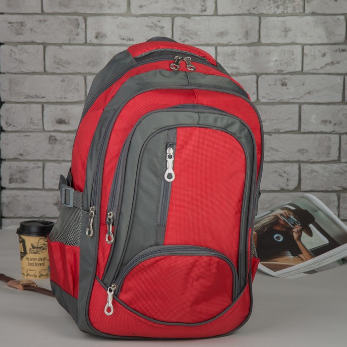 Рюкзак молодёжный "Классика", отдел на молнии, 4 наружных кармана, 2 боковые сетки, с пеналом, цвет серый/красный