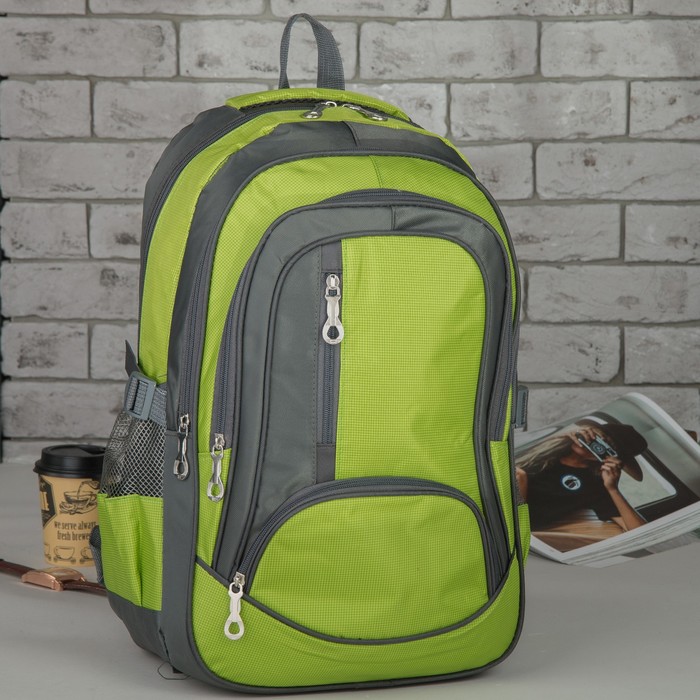 Рюкзак молодёжный "Классика", отдел на молнии, 4 наружных кармана, 2 боковые сетки, с пеналом, цвет серый/зелёный